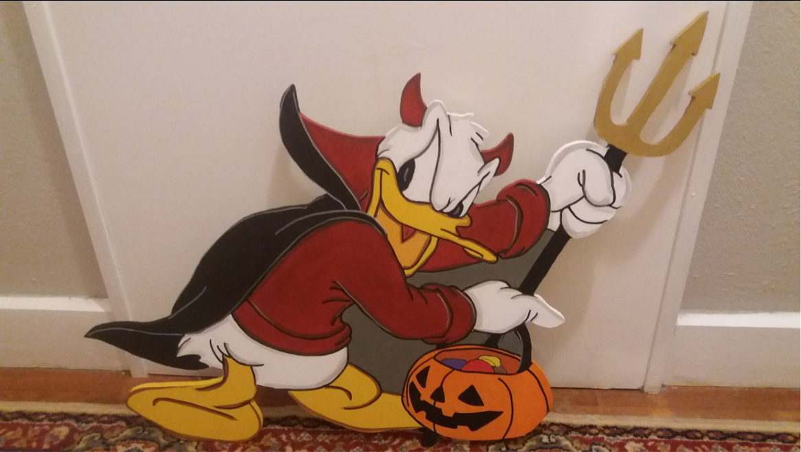 Donald Duck Devil costume Halloween display