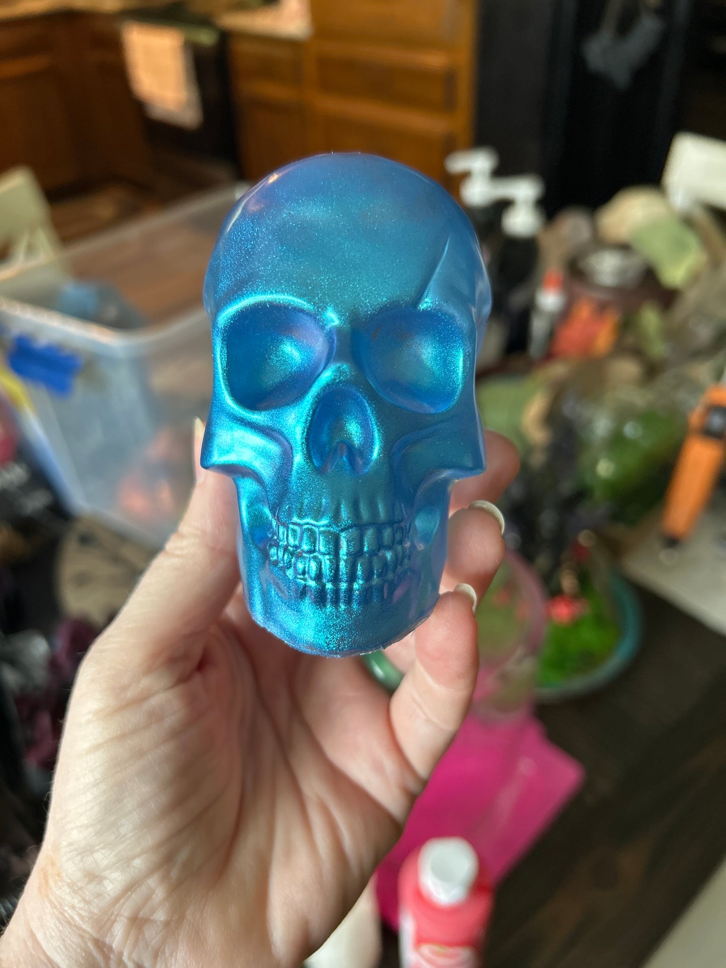 Skull blue metallic teal color resin