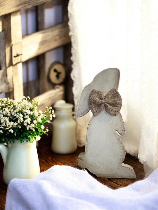 Wooden Bunny, White distressed Easter Rabbit, Farmhouse, Spring Deco, shelf, cabinet toppers, tray deco,