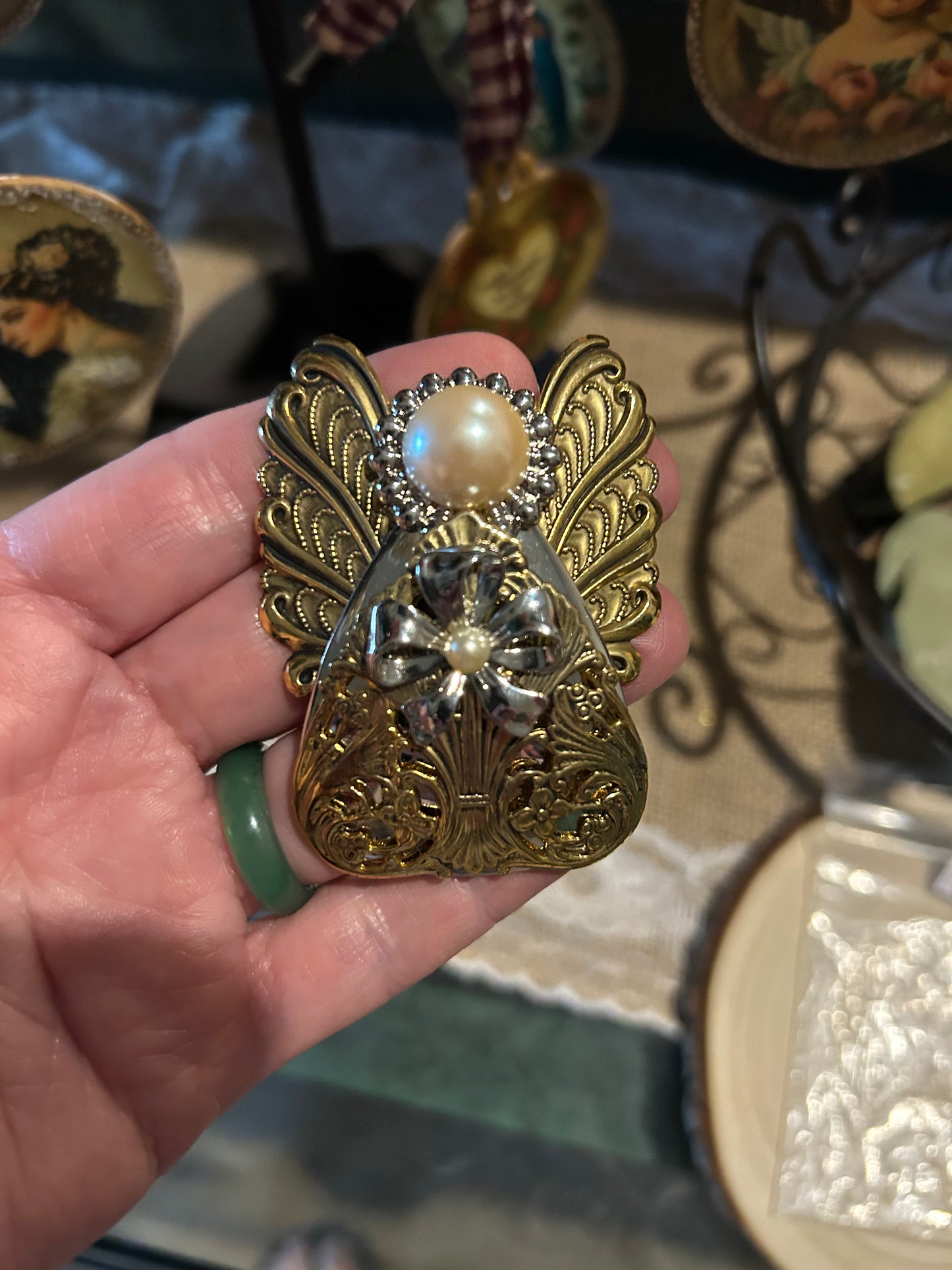 Angels of love Inc. Jane Davis Brooch Angel of Love Faux Pearl and made of antique brass and brass plated, gold and silver Pin