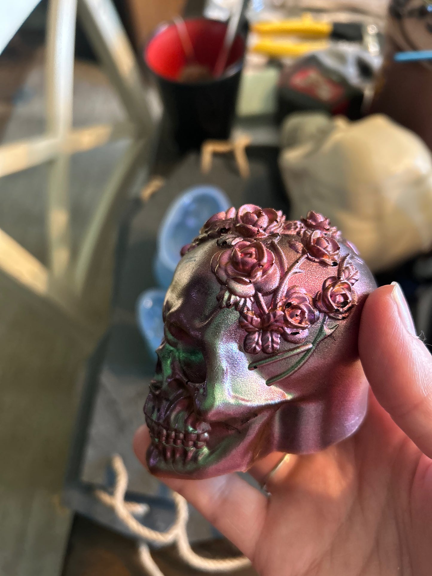 Rose gothic pink and green metallic skull