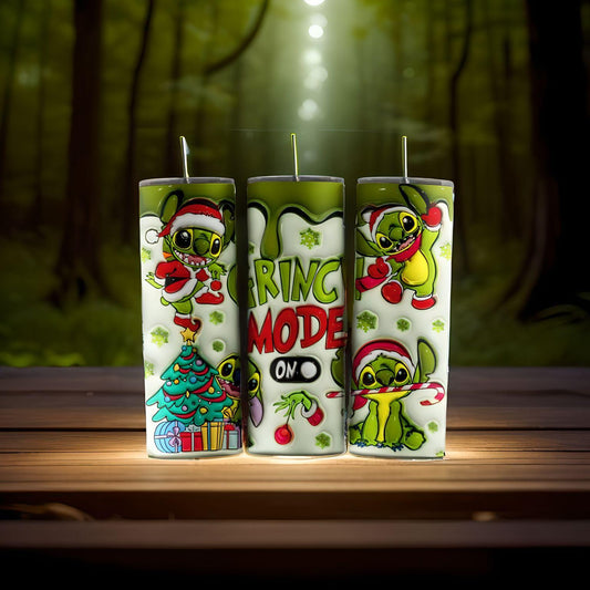 Christmas 20 ounce skinny Tumbler grinch mode stitch