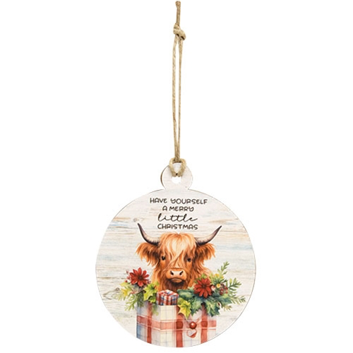 Mooey Christmas Round Wooden Ornament, 3 Asstd.