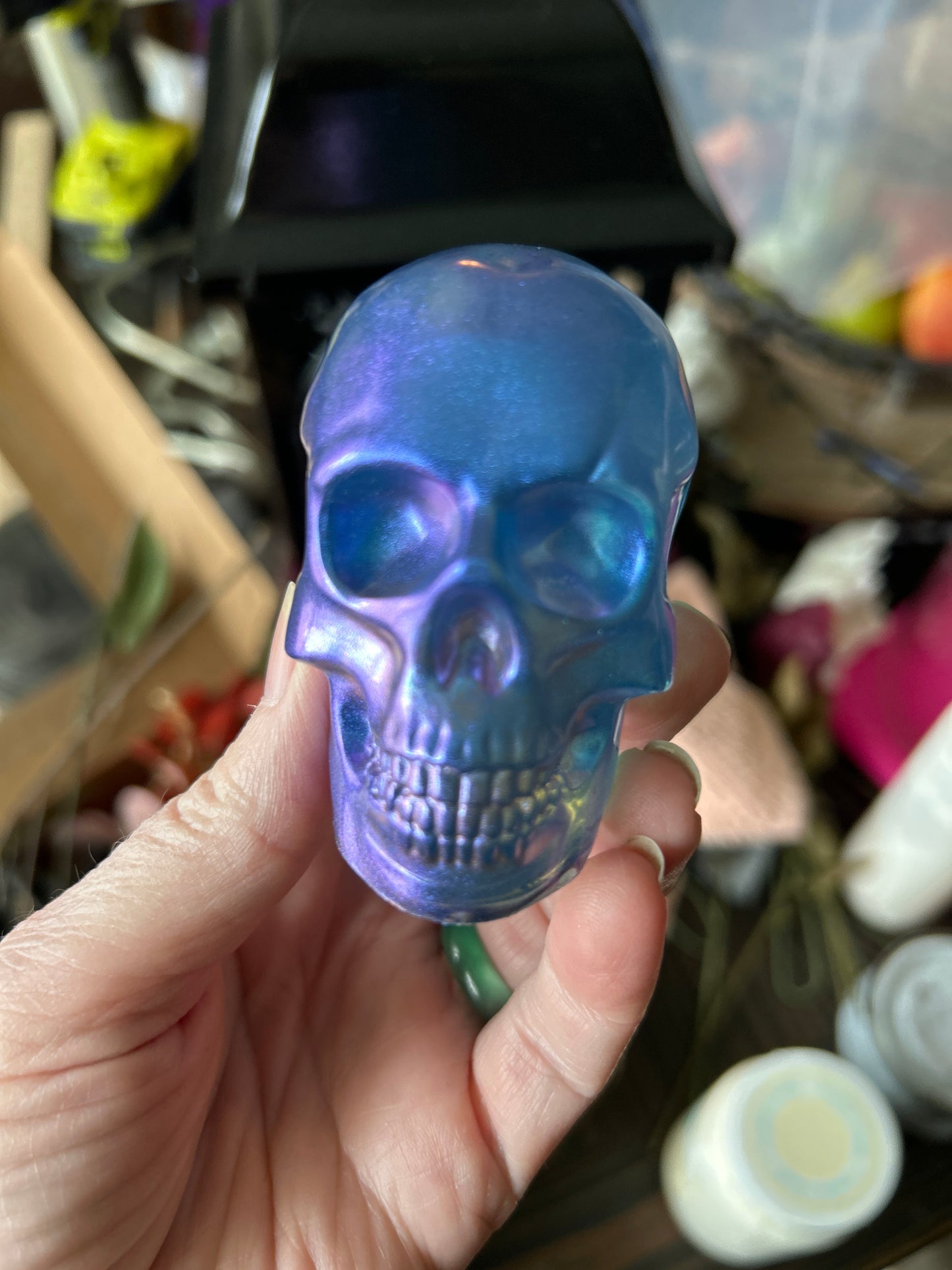 Resin skull medium metallic teal blue