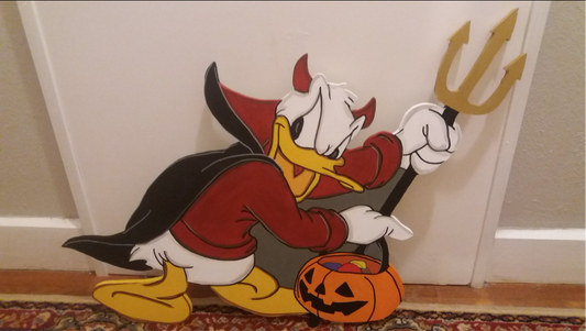 Donald Duck Devil costume Halloween display