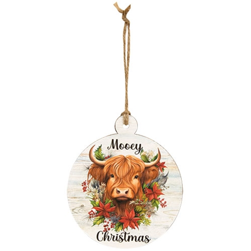 Mooey Christmas Round Wooden Ornament, 3 Asstd.