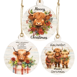 Mooey Christmas Round Wooden Ornament, 3 Asstd.