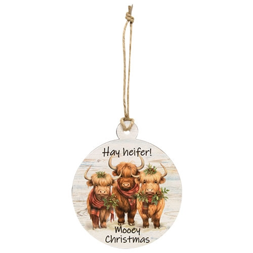 Mooey Christmas Round Wooden Ornament, 3 Asstd.