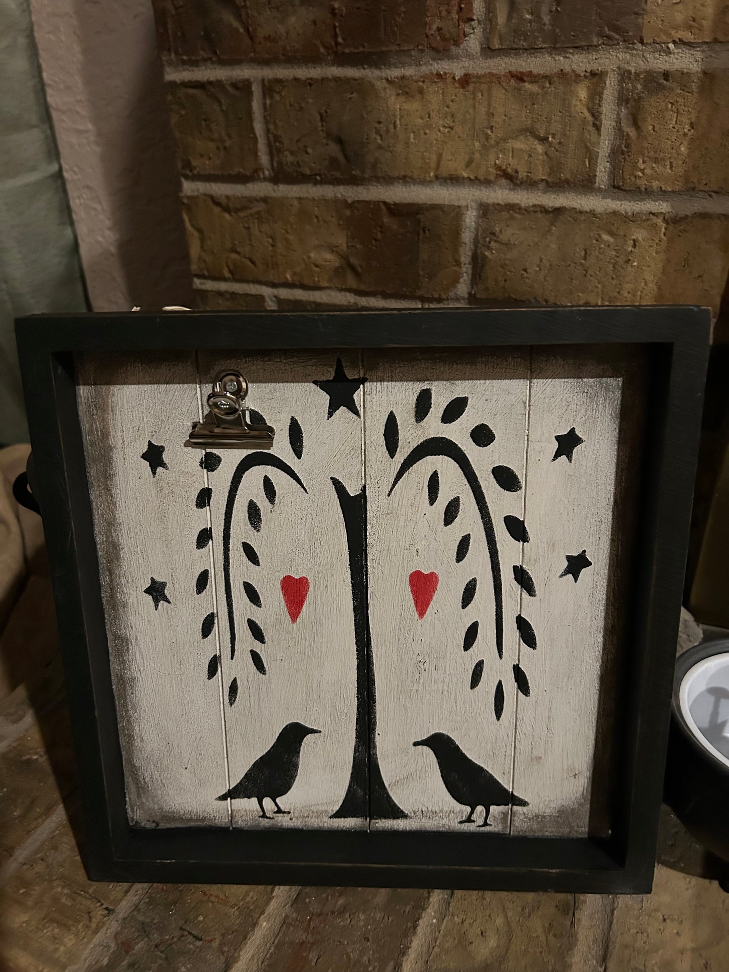 Primitive willow tree and black birds picture frame