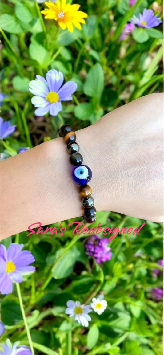 Evil Eye Triple Protection Bracelet Tiger Eye Hematite Obsidian Protection Bracelet