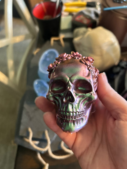 Rose gothic pink and green metallic skull