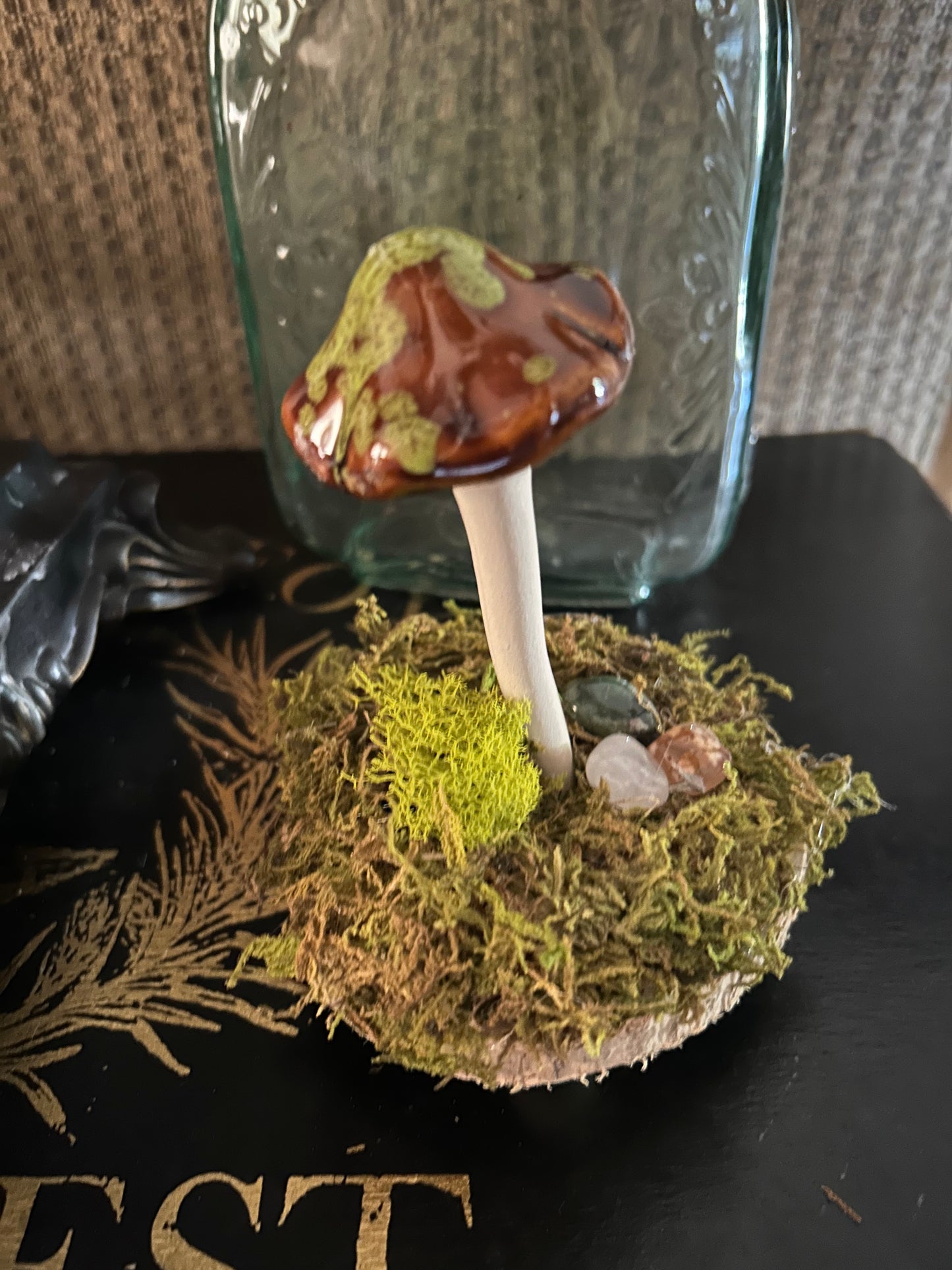 Whimsical brown and green mushroom decor