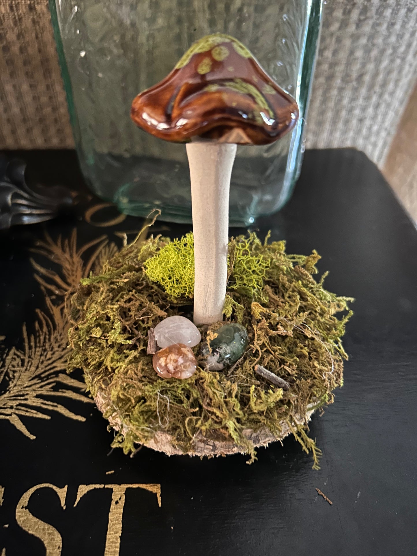 Whimsical brown and green mushroom decor