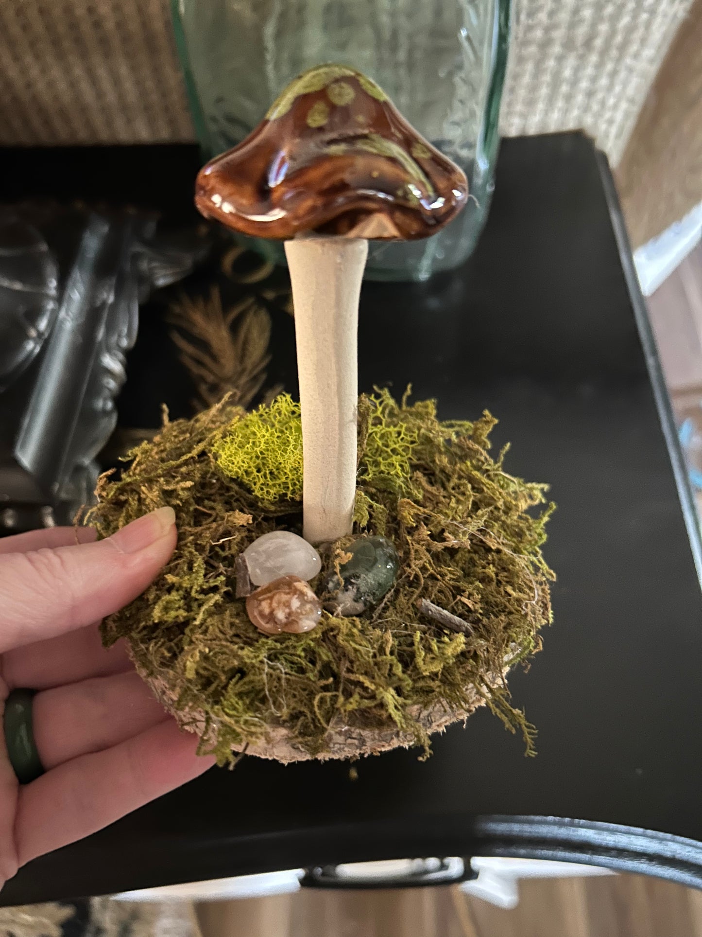 Whimsical brown and green mushroom decor