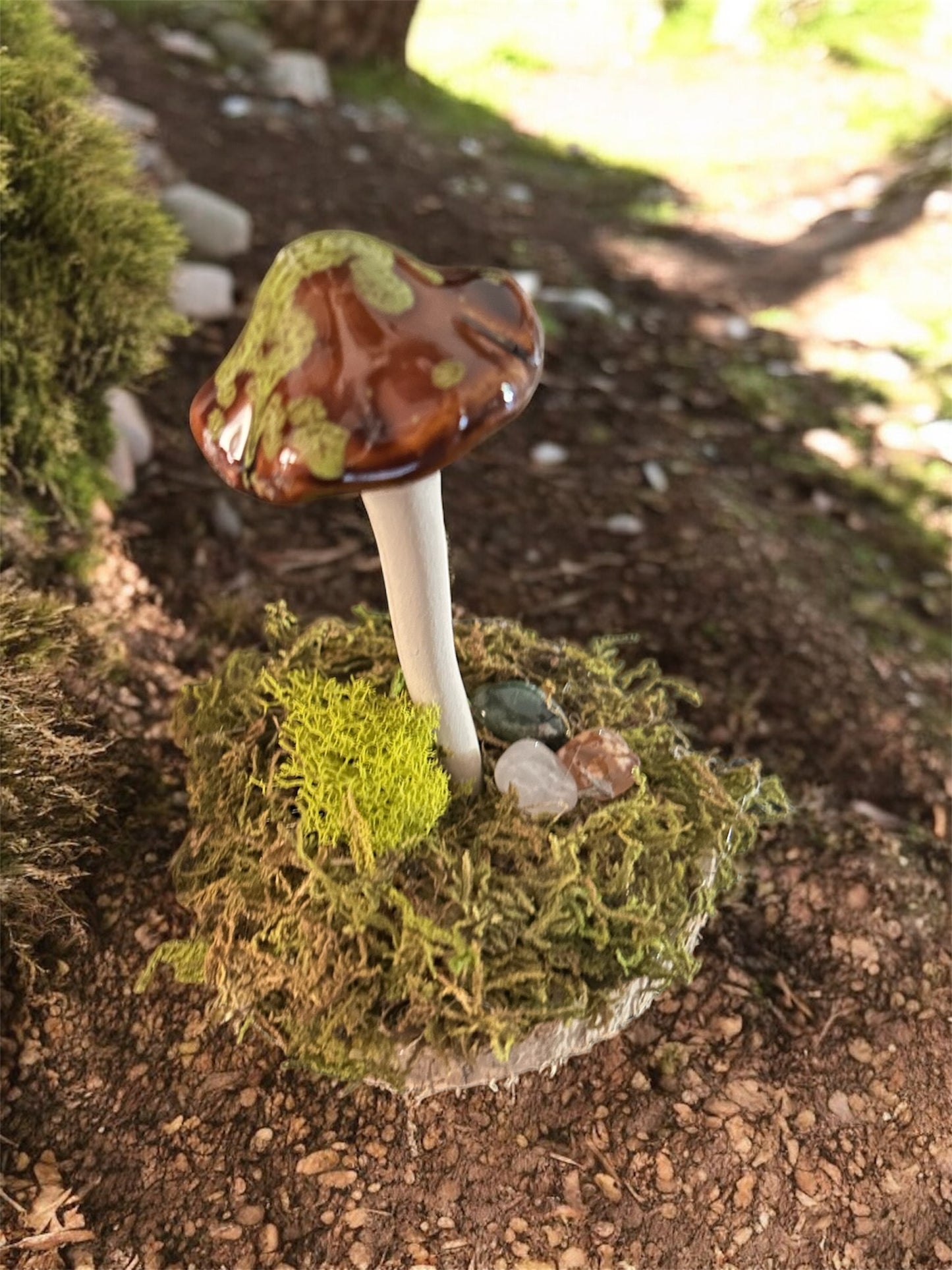 Whimsical brown and green mushroom decor