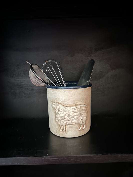 Farmhouse sheep utensils crock small