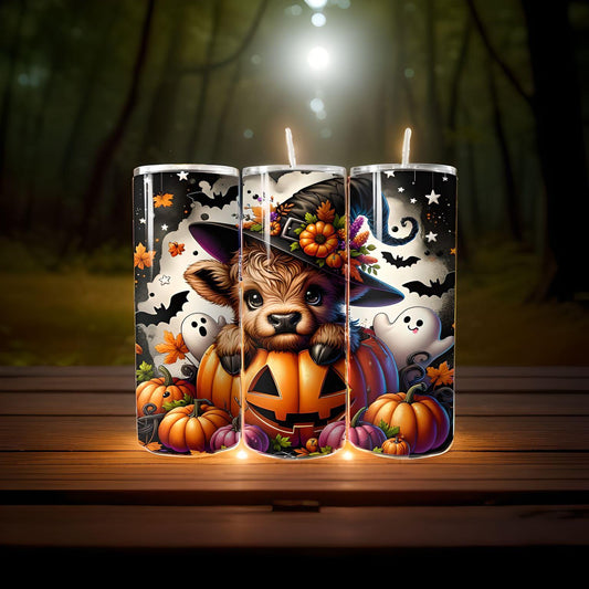 Halloween adorable Highland cow with pumpkins 20 oz skinny Tumbler