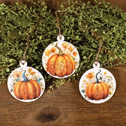 Floral Pumpkin Round Wooden Ornament. Set of 3