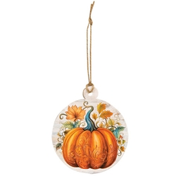 Floral Pumpkin Round Wooden Ornament. Set of 3