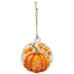 Floral Pumpkin Round Wooden Ornament. Set of 3