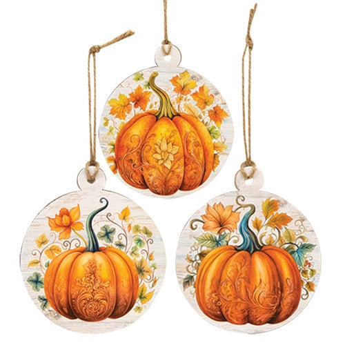 Floral Pumpkin Round Wooden Ornament. Set of 3